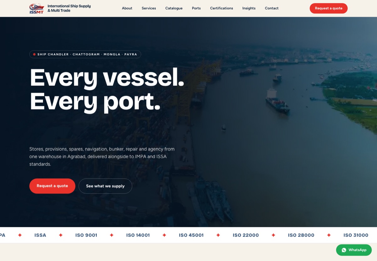 ISSMT website hero showing Chattogram port from above