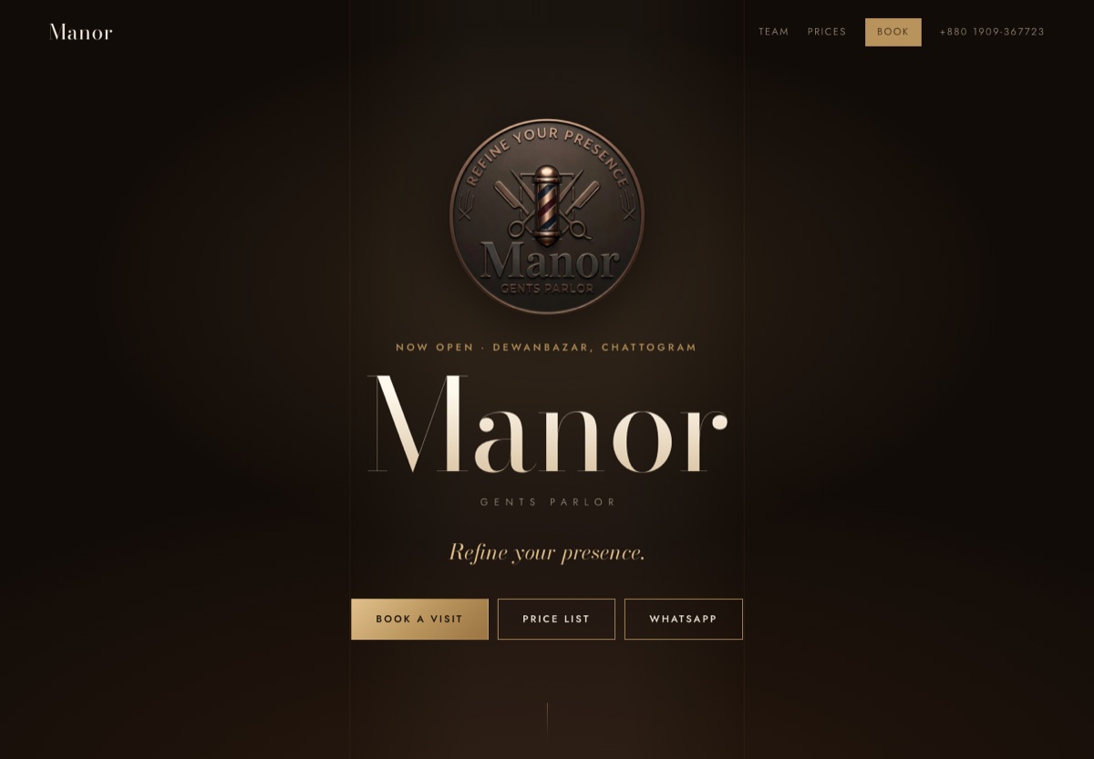Manor Gents Parlor website with a dark, editorial design